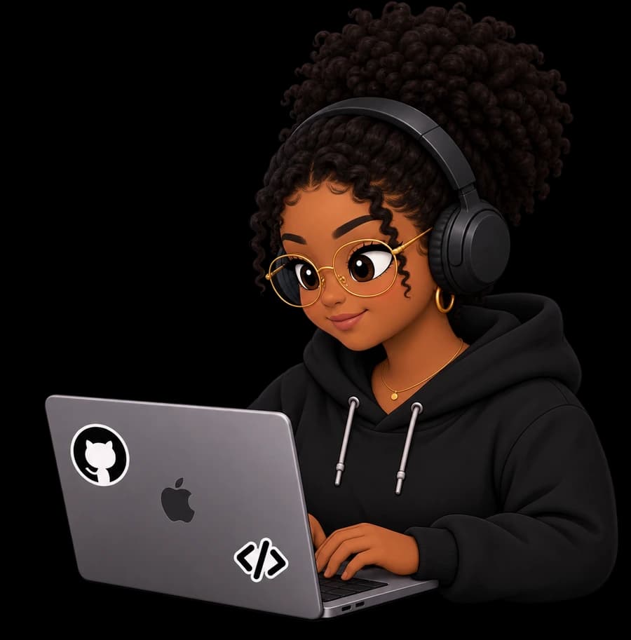 Illustration of Kemberly working at a laptop